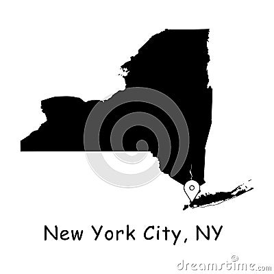 New York City on New York State Map. Detailed NY State Map with Location Pin on NYC City. Black silhouette vector maps isolated on Vector Illustration