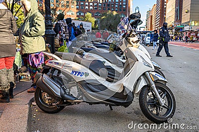 New York City, NY/USA - 11/09/2019: NYPD police scooters at an anti-Trump/Pence rally, in downtown NYC Editorial Stock Photo