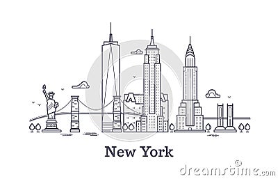 New York city outline skyline, nyc line silhouette, usa tourist and travel vector concept Vector Illustration