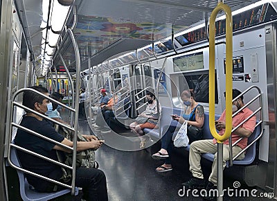 New York City Passengers Inside Subway Car Public Transportation Wearing Face Mask NYC Editorial Stock Photo