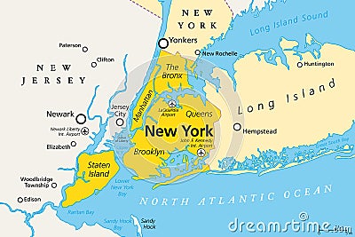 New York City, political map, Manhattan, Bronx, Queens, Brooklyn and Staten Island Vector Illustration