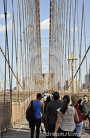 New York City, 3rd July: Brooklyn Bridge walkway over East River of Manhattan from New York City in United States Editorial Stock Photo