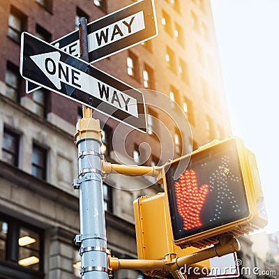 New York City road sign One Way with traffic pedestrian light on the street under sunset light. Stock Photo