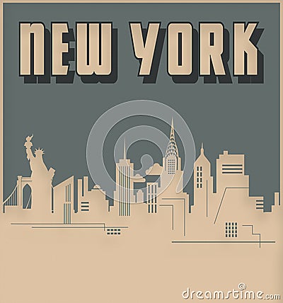 New York City Skyline Art Deco Style Vintage Retro Stock Photo