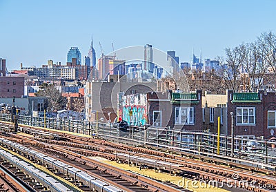 New York City skyline as seen from subway stop Editorial Stock Photo