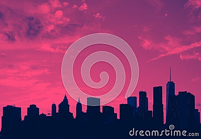 New York City skyline buildings and empty sky in pink and blue Editorial Stock Photo