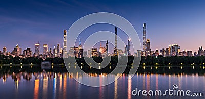 New York City skyline. Midtown Manhattan skyscrapers from Central Park at Dusk. Evening view of billionaires row Stock Photo