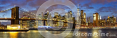 New York City skyline night Manhattan town Panorama Brooklyn Bridge World Trade Center Stock Photo