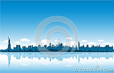 New York City skyline reflect on water Cartoon Illustration