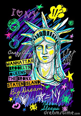 New York city statue of liberty, NY. Doodle hand drawn vector illustration Cartoon Illustration