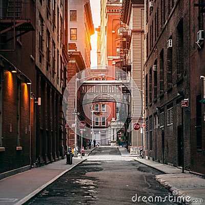 New York City street at sunset time. Old scenic street in TriBeCa district in Manhattan. Stock Photo