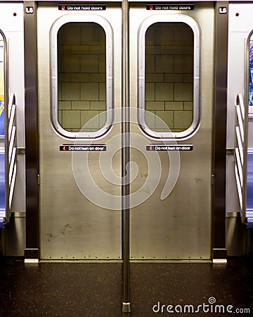 New-York City Subway doors from inside a car Stock Photo