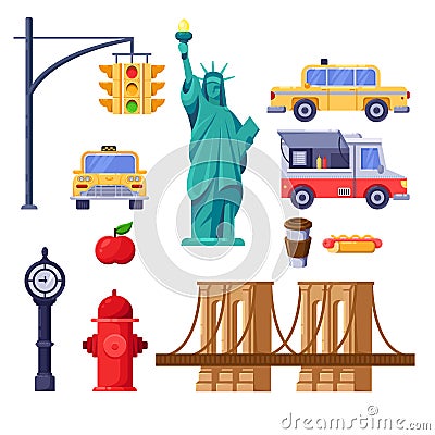 New York city symbols set. Vector travel isolated illustration. Yellow taxi, Statue of Liberty, Brooklyn Bridge icons. Vector Illustration