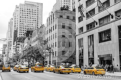 New York City Taxi Streets USA Big Apple Skyline american flag black white yellow Stock Photo