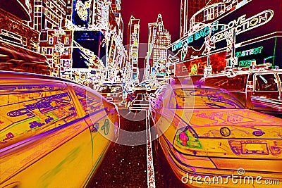New York City Time Square yellow taxi neon light glitch background Stock Photo