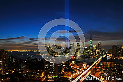 New York City Tribute in Light and Skyline Editorial Stock Photo