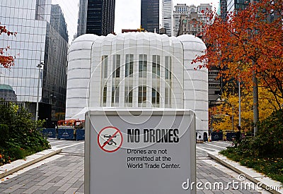 New York City, U.S - October 31, 2022 - The 'No Drones' sign displayed at Saint Nicholas Greek Orthodox Church and Editorial Stock Photo