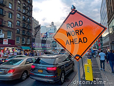 Road Work Ahead Sign in Manhattan New York City Editorial Stock Photo