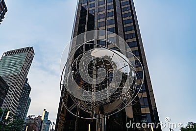 New York City, USA - August 04, 2023: Globe Sculpture at Columbus Circle low angle Editorial Stock Photo