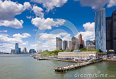 View of the Skyline of the Battery Park area in Manhattan, New York City from the Staten Island Ferry Editorial Stock Photo