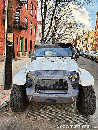 New York City, USA - March 18, 2024: Jeep Wrangler JK luxury sportscar outdoor, top view Editorial Stock Photo