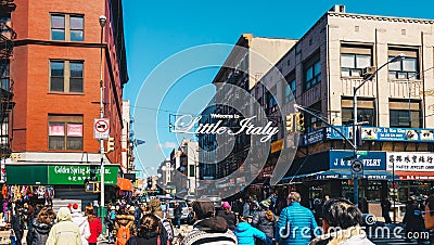 New York City, USA - March 19, 2017 : Welcome to Little Italy sign in Lower Manhattan. Little Italy is an Italian famous community Editorial Stock Photo