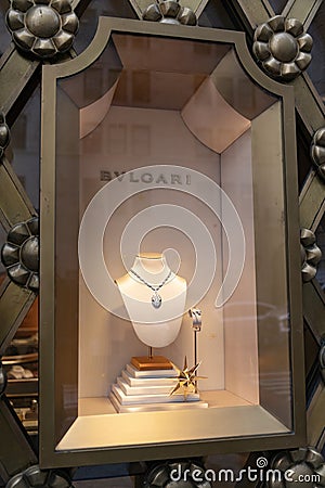 New York City, USA - November 11, 2023: Bvlgari or Bulgari brand logo at shop display with jewelry in Manhattan Editorial Stock Photo
