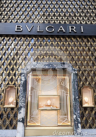 New York City, USA - November 11, 2023: Bvlgari or Bulgari brand logo at store shop in Manhattan NY Editorial Stock Photo