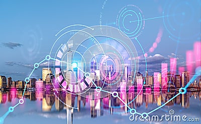 New York cityscape, forex hologram with colorful lines dynamics and binary Stock Photo