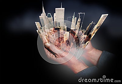 New york Cupped Hands on city Stock Photo