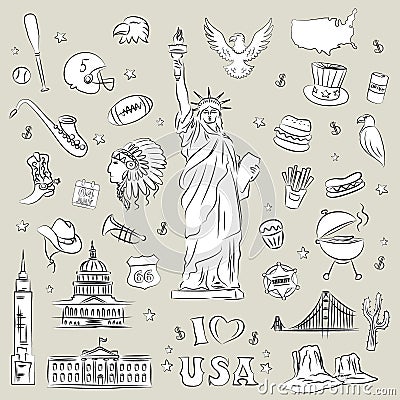 New York doodle line set. Hand drawn elements. Vector Illustration