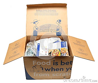 New York, February 3,, 2017: A side of a Blue Apron cardboard sh Editorial Stock Photo