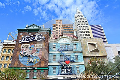 New York New York hotel wall on the Las Vegas Boulevard, famous The Strip street in Las Vegas. Famous brands logos: Pepsi cola, Editorial Stock Photo