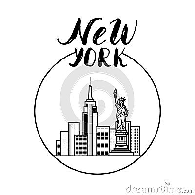 New York illustration with modern calligraphy, city buildings an Vector Illustration