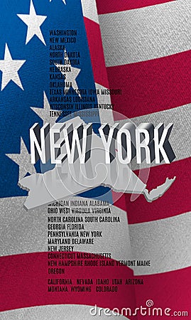 New York inscription on American flag background. 3D image Cartoon Illustration