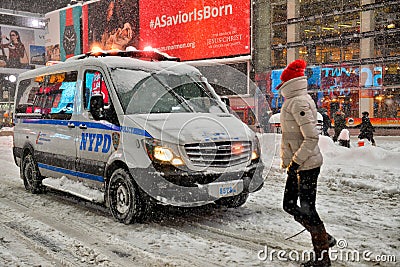 NEW YORK - JANUARY 23, 2016: NYPD car in Manhattan, NY during massive Winter Snow Storm Editorial Stock Photo