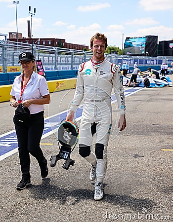 British professional racing driver Oliver Turvey of NIO Formula E Team at pit line during 2019 New York City E-Prix in Brooklyn Editorial Stock Photo