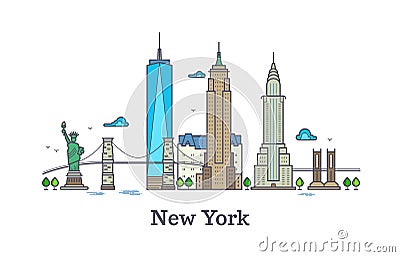 New york line vector symbol, nyc silhouette outline panorama, america skyline vector illustration Vector Illustration