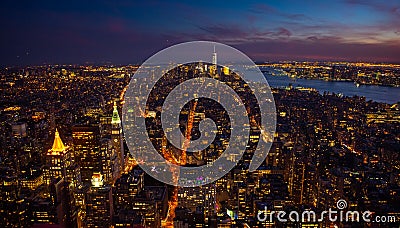 New York Manhattan skyline top view during autumn sunset with amazing colors and sights of skyscrapers Stock Photo