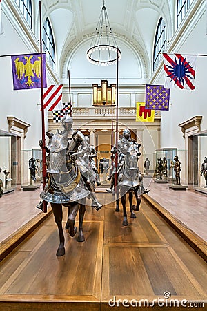 New York. Manhattan. United States. The Metropolitan Museum of Art. Arms and armor, Middle Ages main hall Editorial Stock Photo