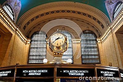 Interior of Main Concourse of Grand Central Terminal with the Clock and people walking around. Beautiful windows, zodiac ceiling. Editorial Stock Photo