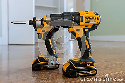 DeWalt is an American worldwide brand of power tools and hand tools a wooden floor of new house for the construction Editorial Stock Photo