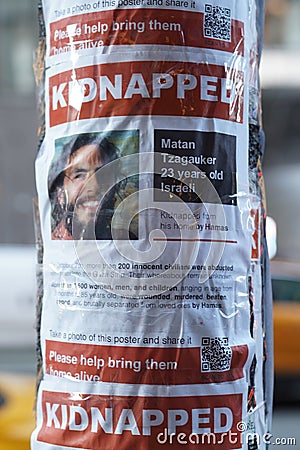 Posters in Manhattan, New York showing kidnapped Israelis after the attack of Hamas on October 7, 2023 Editorial Stock Photo