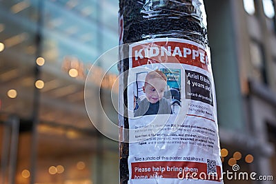 Posters in Manhattan, New York showing kidnapped Israelis after the attack of Hamas on October 7, 2023 Editorial Stock Photo