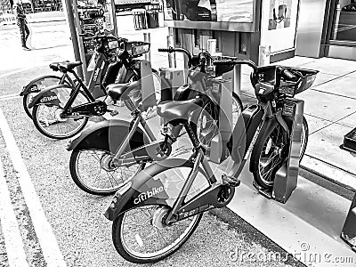 A set of Citi Bikes parked at bike station. Editorial Stock Photo