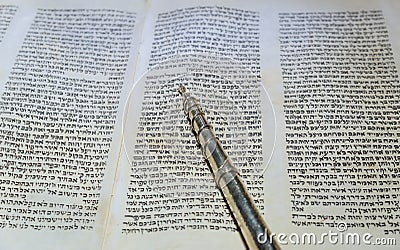 NEW YORK NY March 2019. Hebrew religious Torah old scroll book parchment Editorial Stock Photo