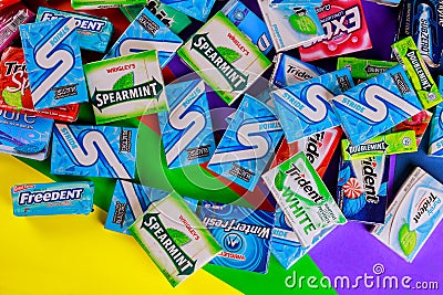 Chewing gum various brands Orbit, Extra, Eclipse, Freedent, Wrigley, Spearmint, Trident, Stride Editorial Stock Photo
