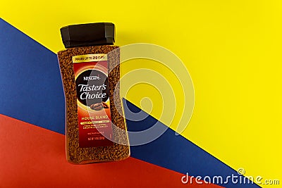 Instant granulated coffe Nescafe is a brand of coffe made by Nestle Editorial Stock Photo