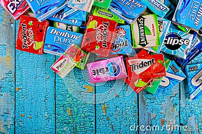 Various brand chewing gum brands Orbit, Extra, Eclipse, Freedent, Wrigley, Spearmint, Tident, Stride lot of chewing gum packages Editorial Stock Photo