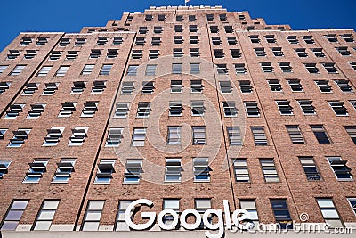 Looking up at the Google Building on Eight Avenue in the Chelsea neighborhood of Manhattan, NYC Editorial Stock Photo